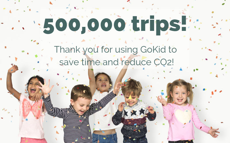 five kids celebrating with confetti, and text "500,000 trips! Thank you for using GoKid to save time and reduce CO2"