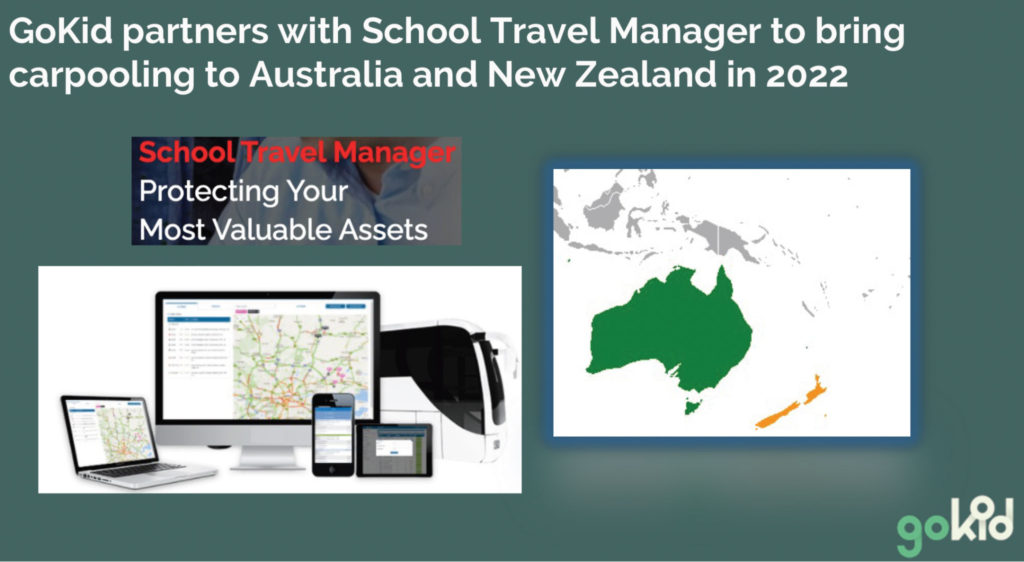 image showing text GoKid partners with School Travel Manager to bring carpooling to Australia and New Zealand in 2022. image shows a map of Australia and screenshots of school carpool manager